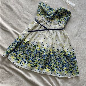 Spring White Blue Yellow Floral Strapless Dress